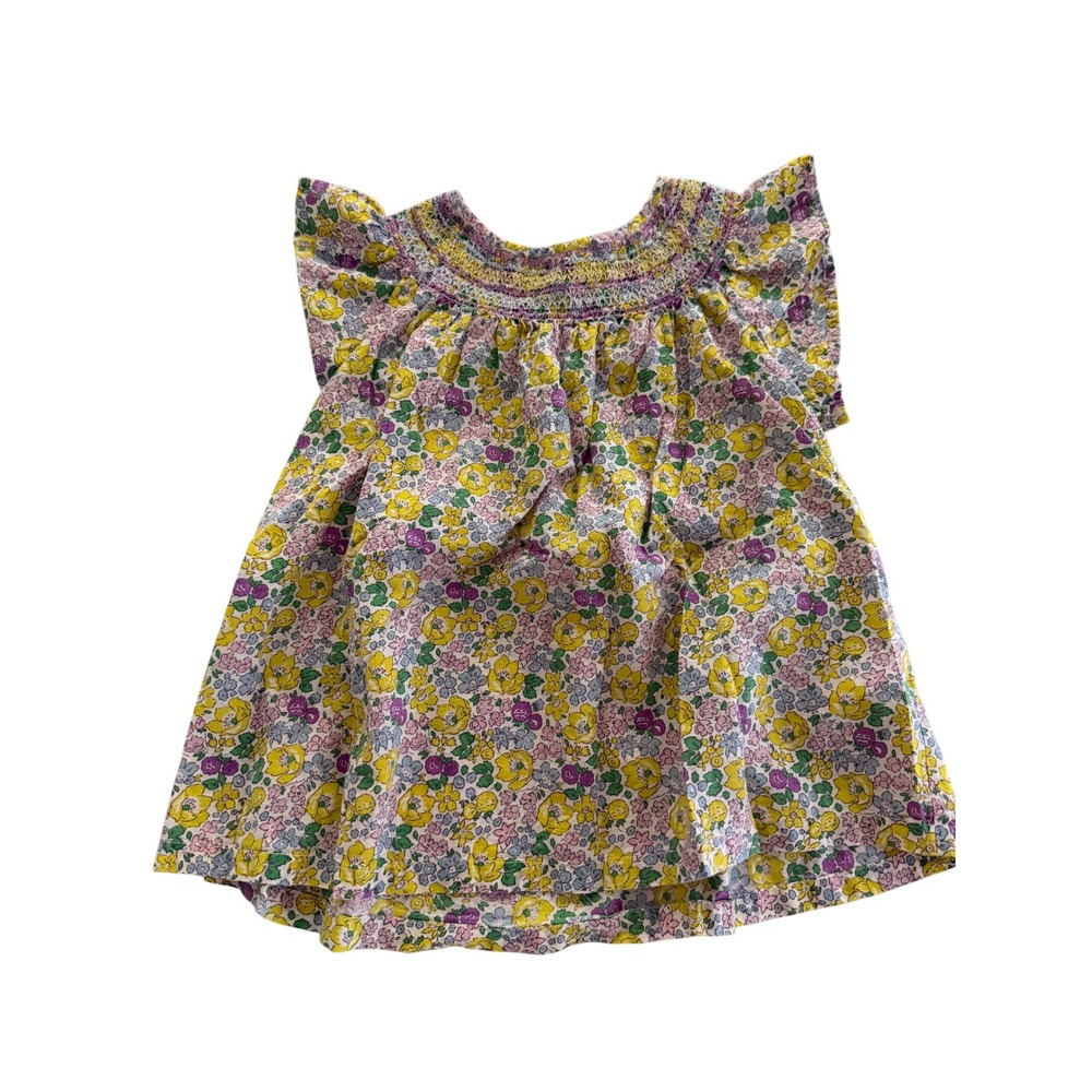 Mini Boden Girls Floral Smocked Flutter Sleeve Top Yellow Purple Green 7-8Y